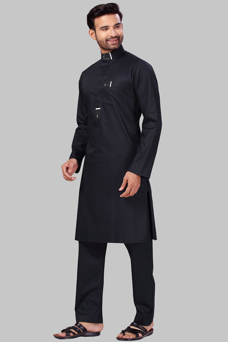 Buy Men's Polyester Solid Kurta Set in Black Online - Front