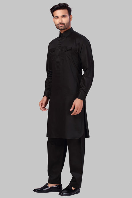 Buy Men's Polyester Solid Kurta Set in Black Online - Front