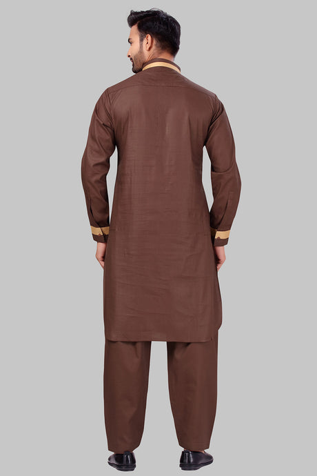 Buy Men's Polyester Solid Kurta Set in Chocolate Brown Online