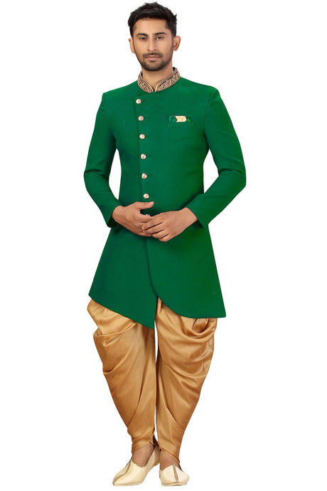 Buy Men's Art Silk  Solid Sherwani Set in Green  Online - Back