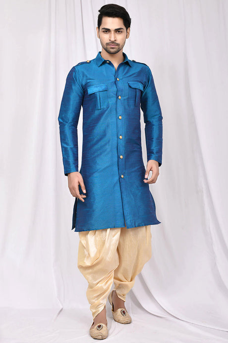 Buy Men's Art Dupion Silk Solid Kurta Set in Blue Online