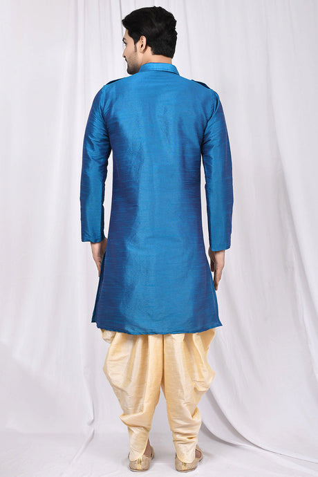Buy Men's Art Dupion Silk Solid Kurta Set in Blue Online - Back