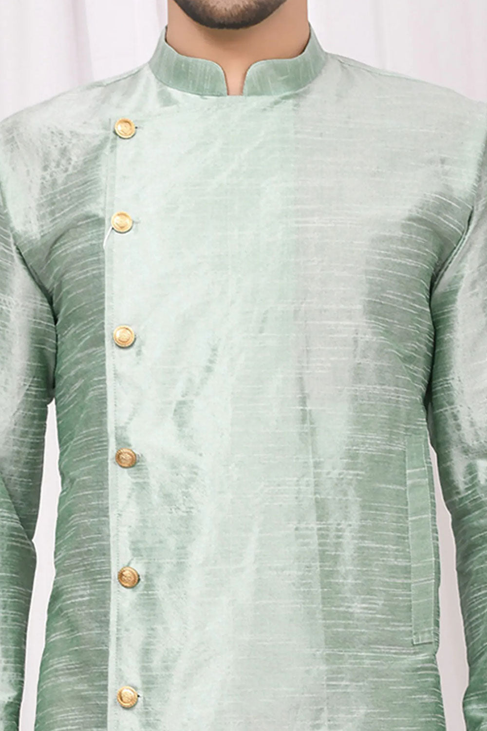 Buy Men's Art Dupion Silk Solid Kurta Set in Pista Online - Front