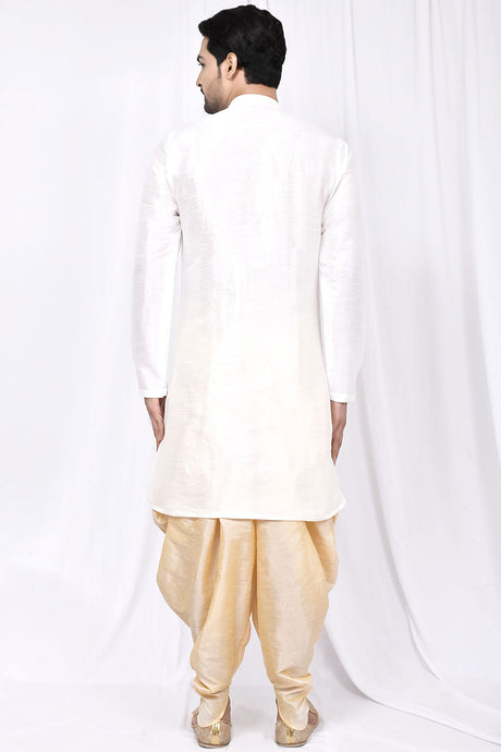 Buy Men's Art Dupion Silk Solid Kurta Set in White Online - Back