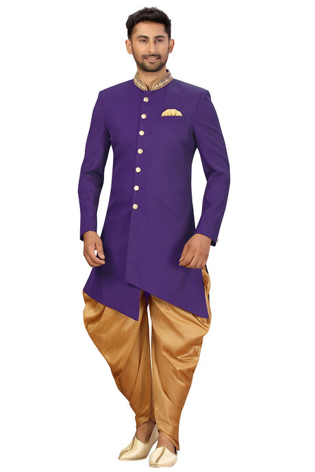 Buy Men's Art Silk  Solid Sherwani Set in Navy Blue  Online - Back