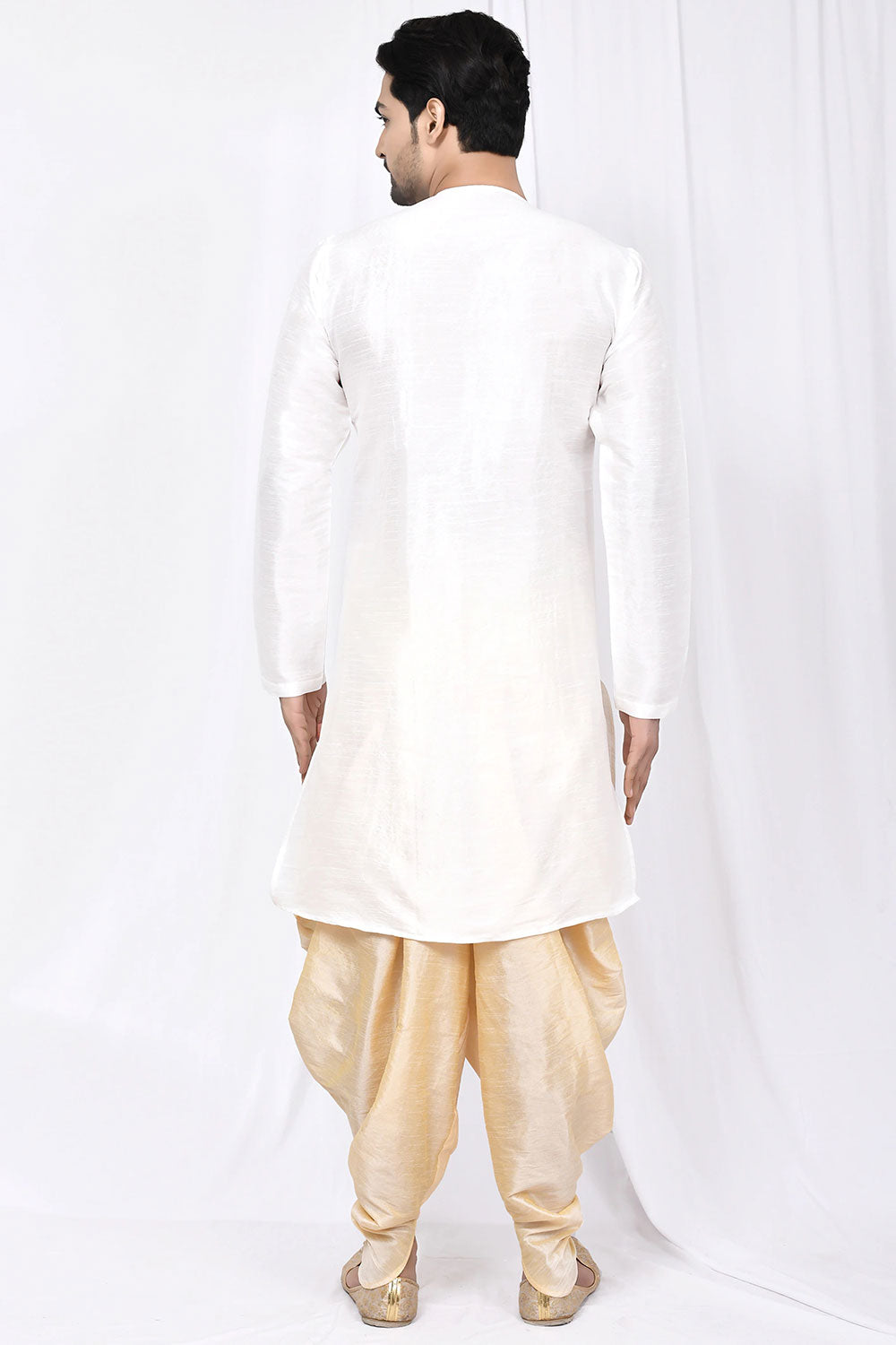 Buy Men's Art Dupion Silk Solid Kurta Set in White Online - Back