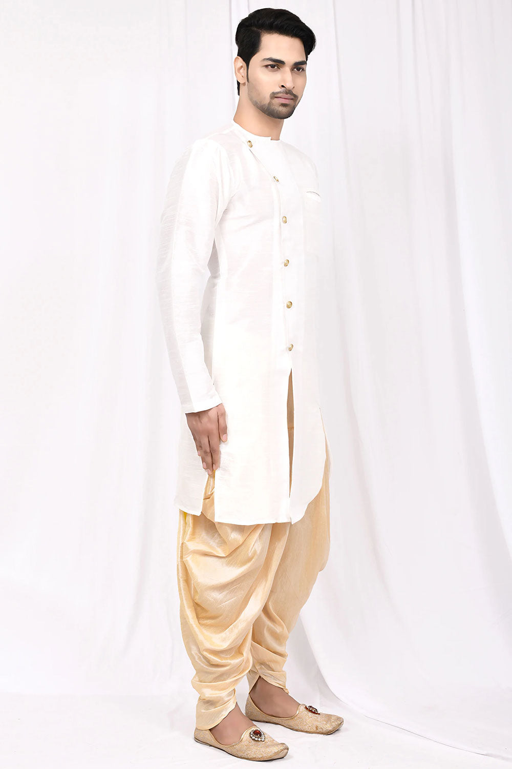Buy Men's Art Dupion Silk Solid Kurta Set in White Online - Side