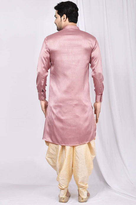 Buy Men's Cotton Art Silk Solid Kurta Set in Pink Online - Back