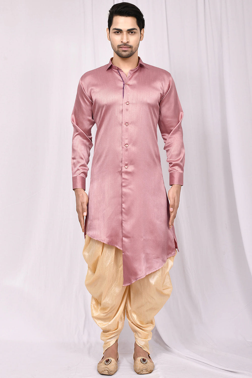 Buy Men's Cotton Art Silk Solid Kurta Set in Pink Online - Front