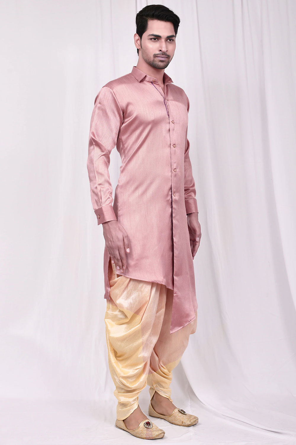 Buy Men's Cotton Art Silk Solid Kurta Set in Pink Online - Side