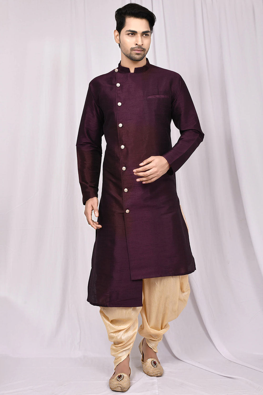 Buy Men's Art Dupion Silk Solid Kurta Set in Purple Online