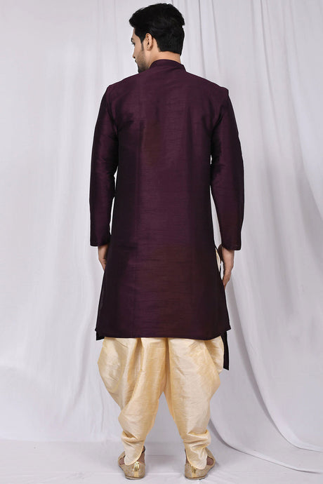 Buy Men's Art Dupion Silk Solid Kurta Set in Purple Online - Back