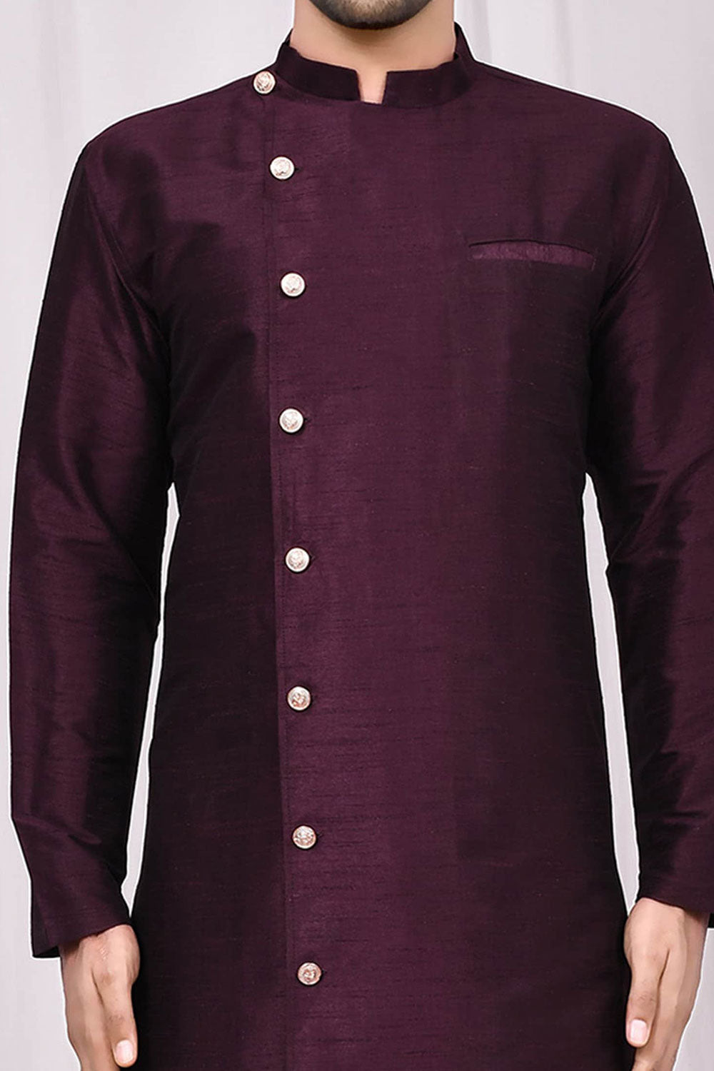 Buy Men's Art Dupion Silk Solid Kurta Set in Purple Online - Front