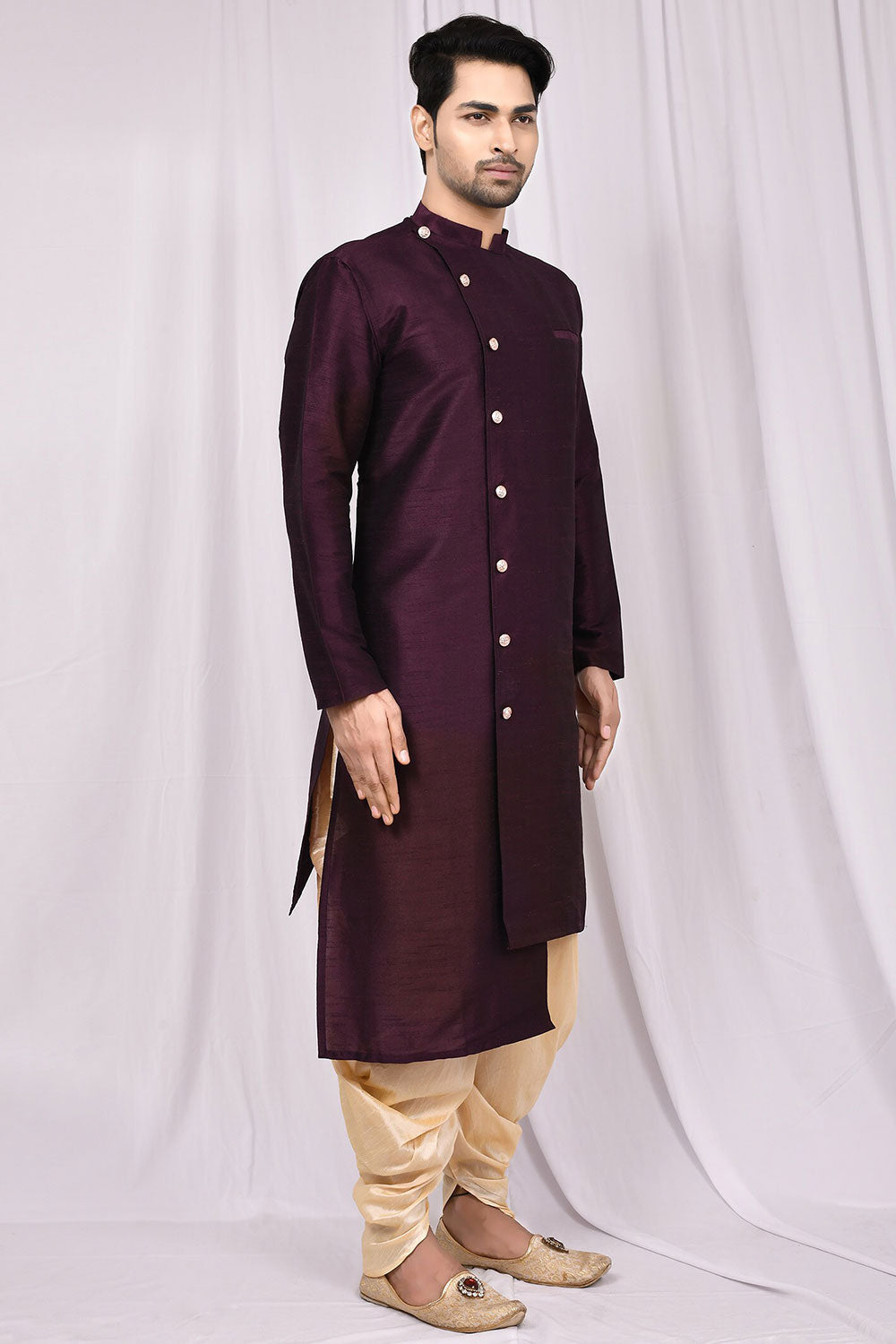 Buy Men's Art Dupion Silk Solid Kurta Set in Purple Online - Side