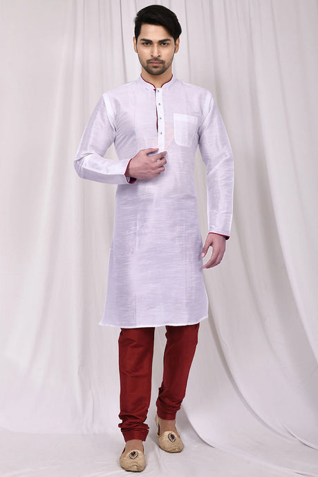 Buy Men's Art Dupion Silk Solid Kurta Set in White Online