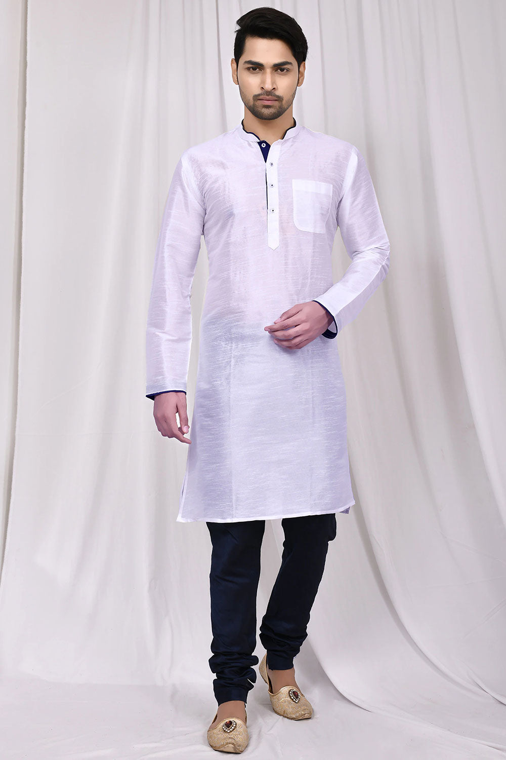 Buy Men's Art Dupion Silk Solid Kurta Set in White Online