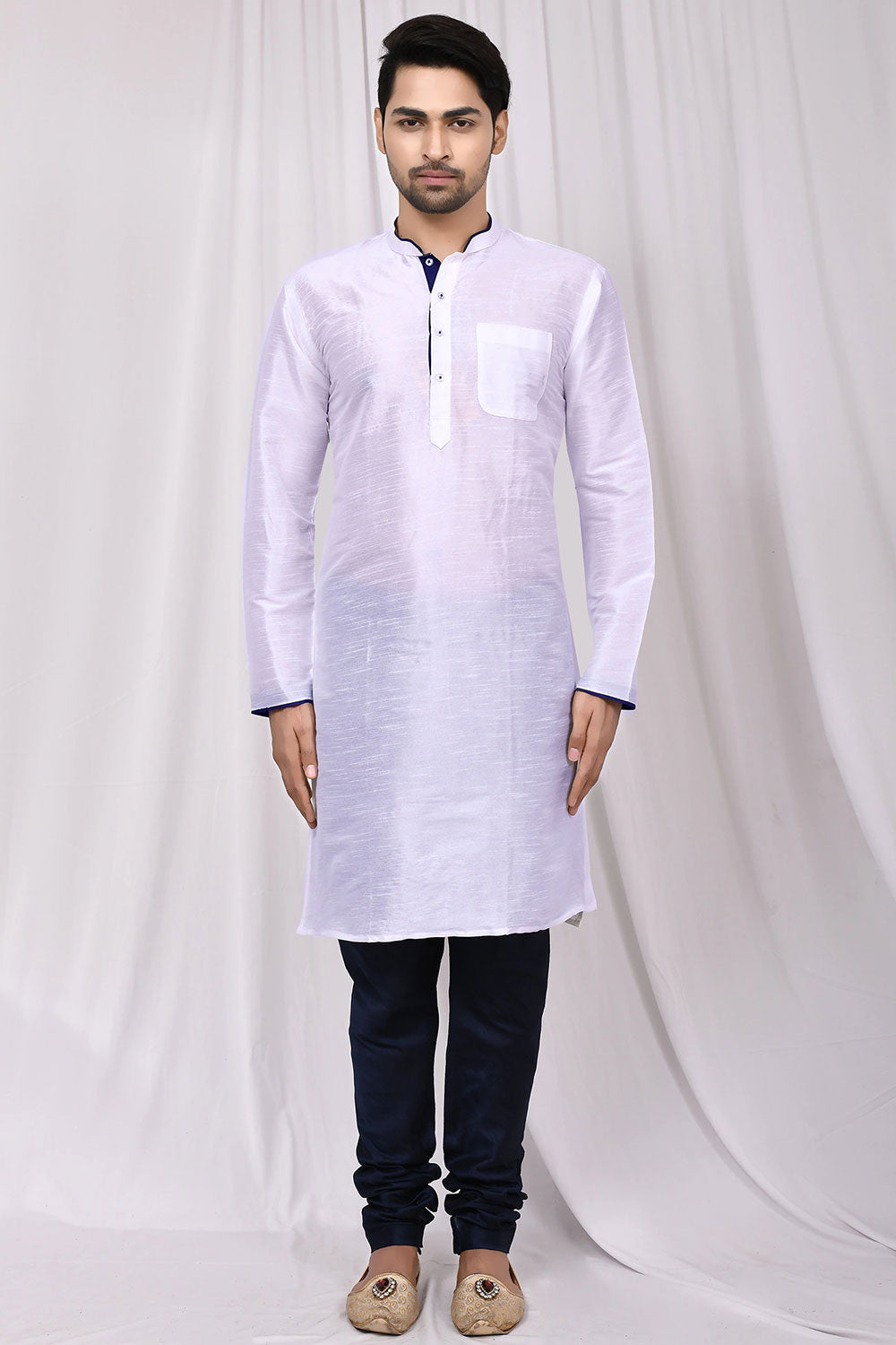 Buy Men's Art Dupion Silk Solid Kurta Set in White Online - Front