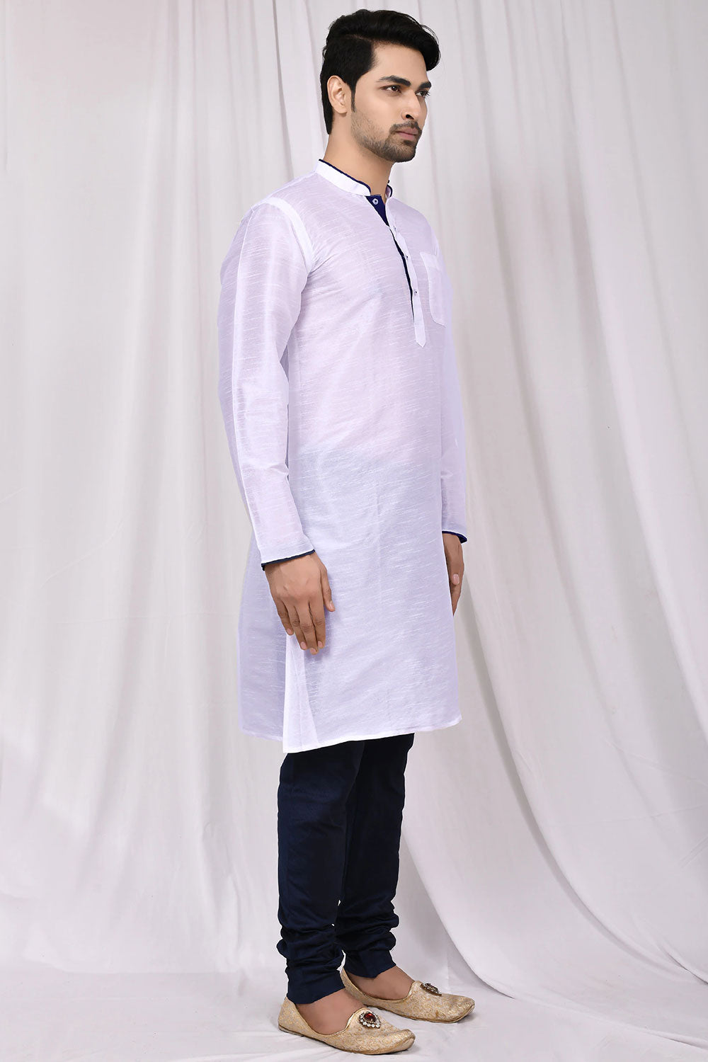 Buy Men's Art Dupion Silk Solid Kurta Set in White Online - Side