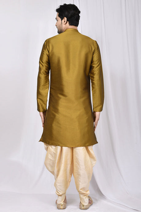 Buy Men's Art Dupion Silk Solid Kurta Set in Brown Online - Back