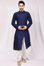 Buy Men's Art Dupion Silk Solid Kurta Set in Navy Blue Online - Front