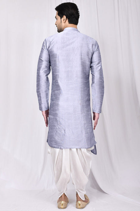 Buy Men's Art Dupion Silk Solid Kurta Set in Grey Online - Back