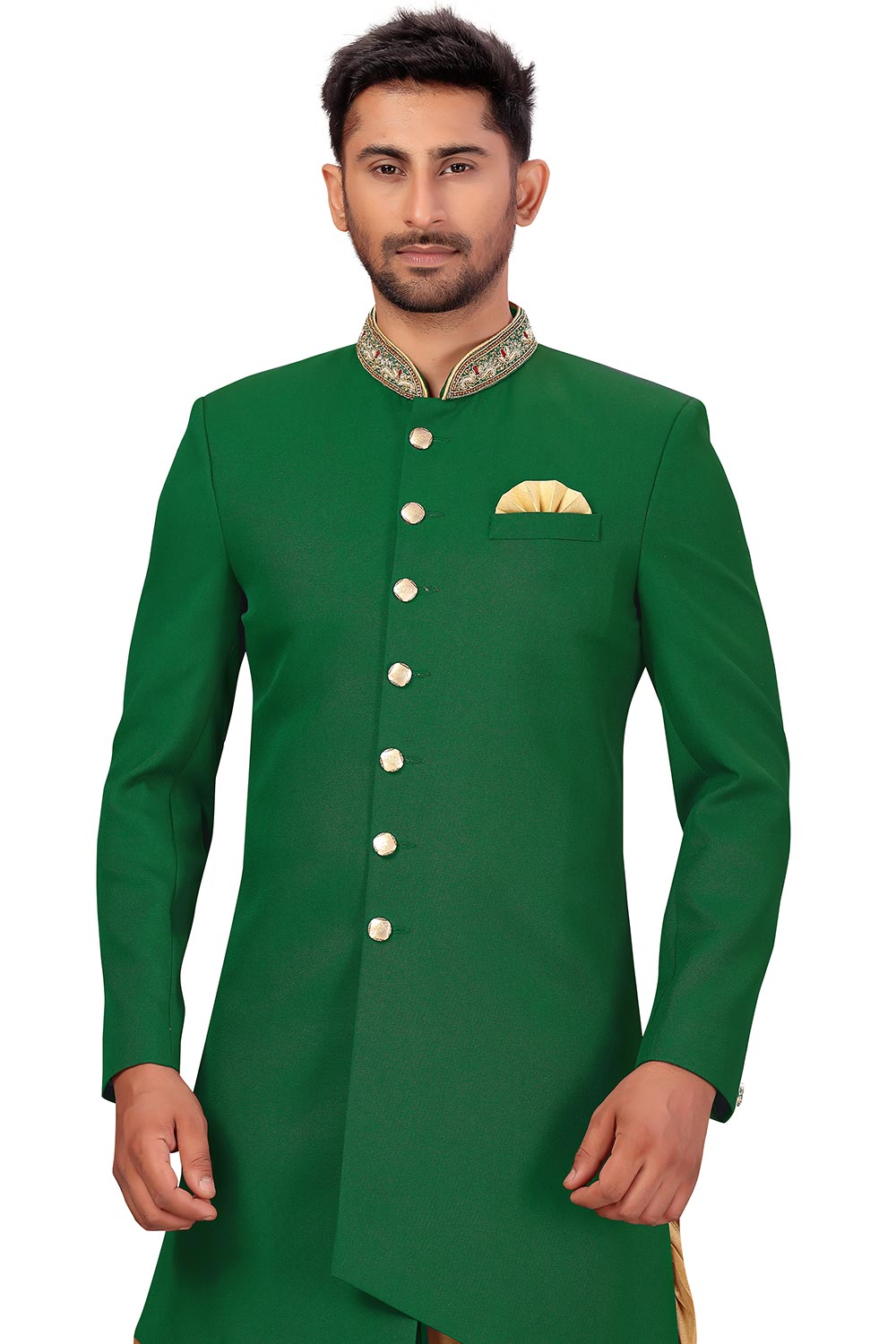 Buy Men's Art Silk  Solid Sherwani Set in Green  Online - Front