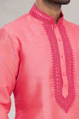 Buy Men's Art Dupion Silk Embroidered Kurta Set in Pink Online - Front
