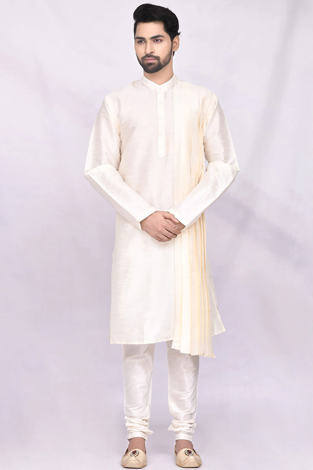 Buy Men's Art Dupion Silk Solid Kurta Set in Beige Online