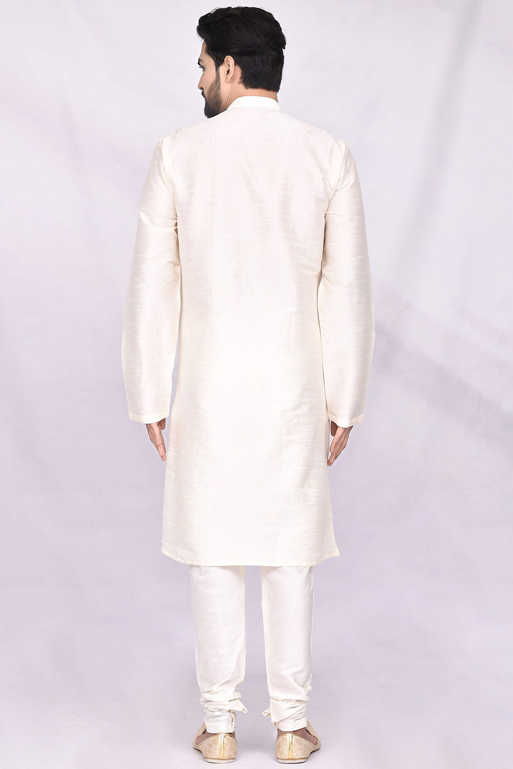 Buy Men's Art Dupion Silk Solid Kurta Set in Beige Online - Back