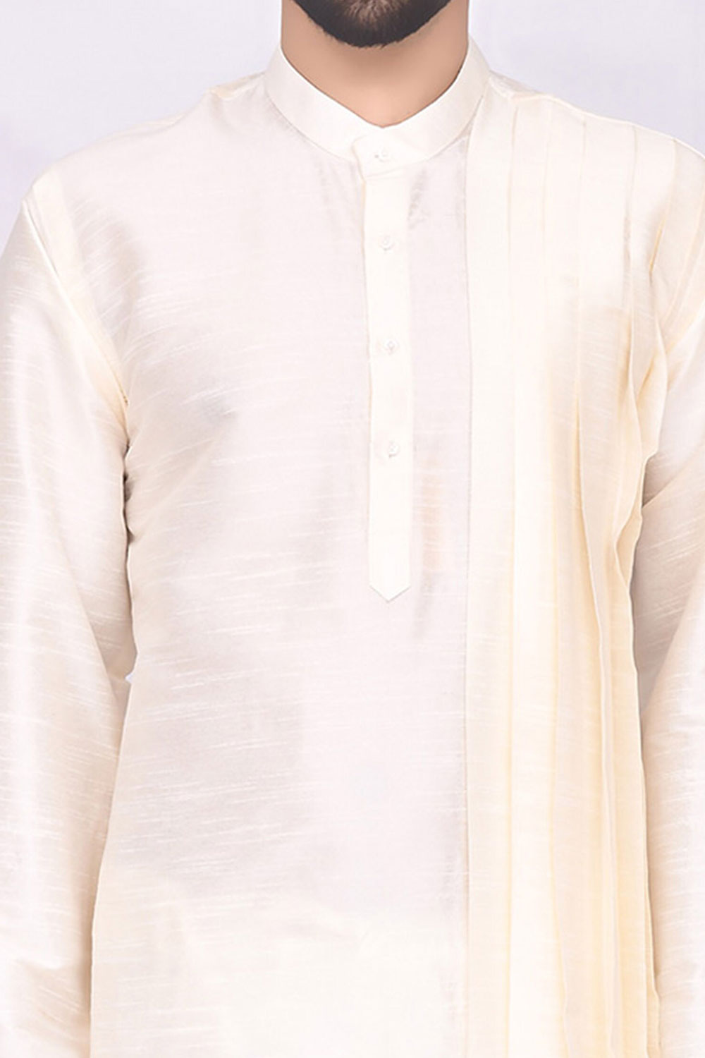 Buy Men's Art Dupion Silk Solid Kurta Set in Beige Online - Front