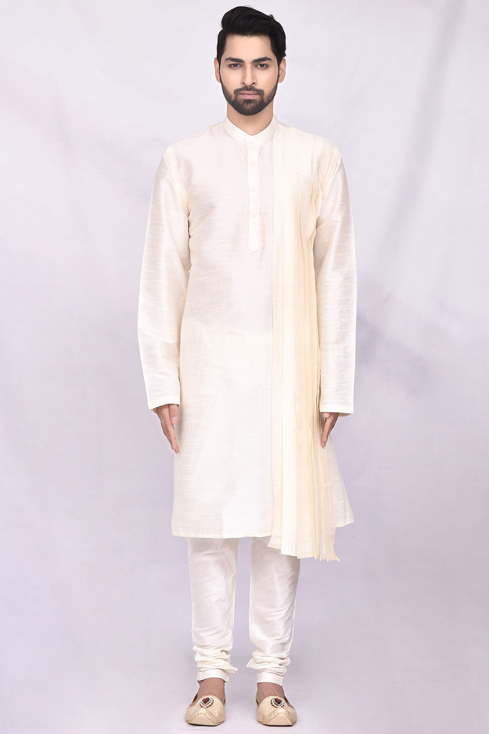 Buy Men's Art Dupion Silk Solid Kurta Set in Beige Online - Side