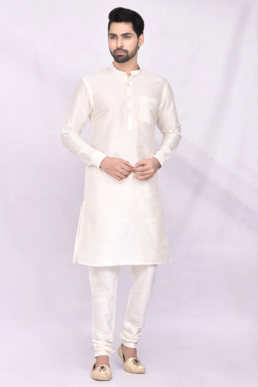 Buy Men's Art Dupion Silk Solid Kurta Set in Beige Online