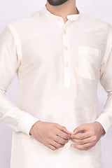 Buy Men's Art Dupion Silk Solid Kurta Set in Beige Online - Front