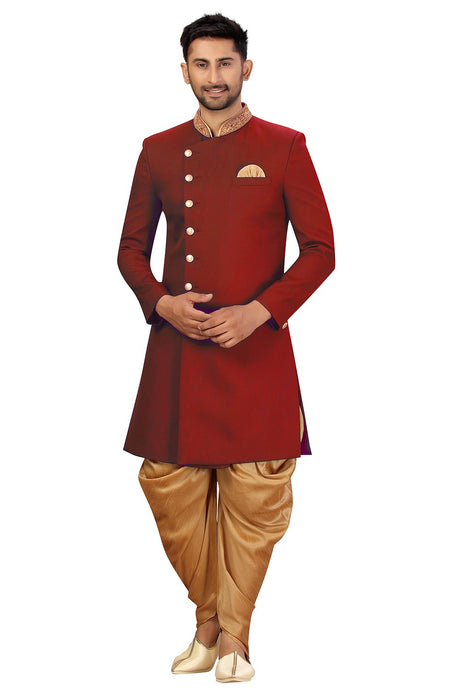Buy Men's Art Silk  Solid Sherwani Set in Maroon Online - Back