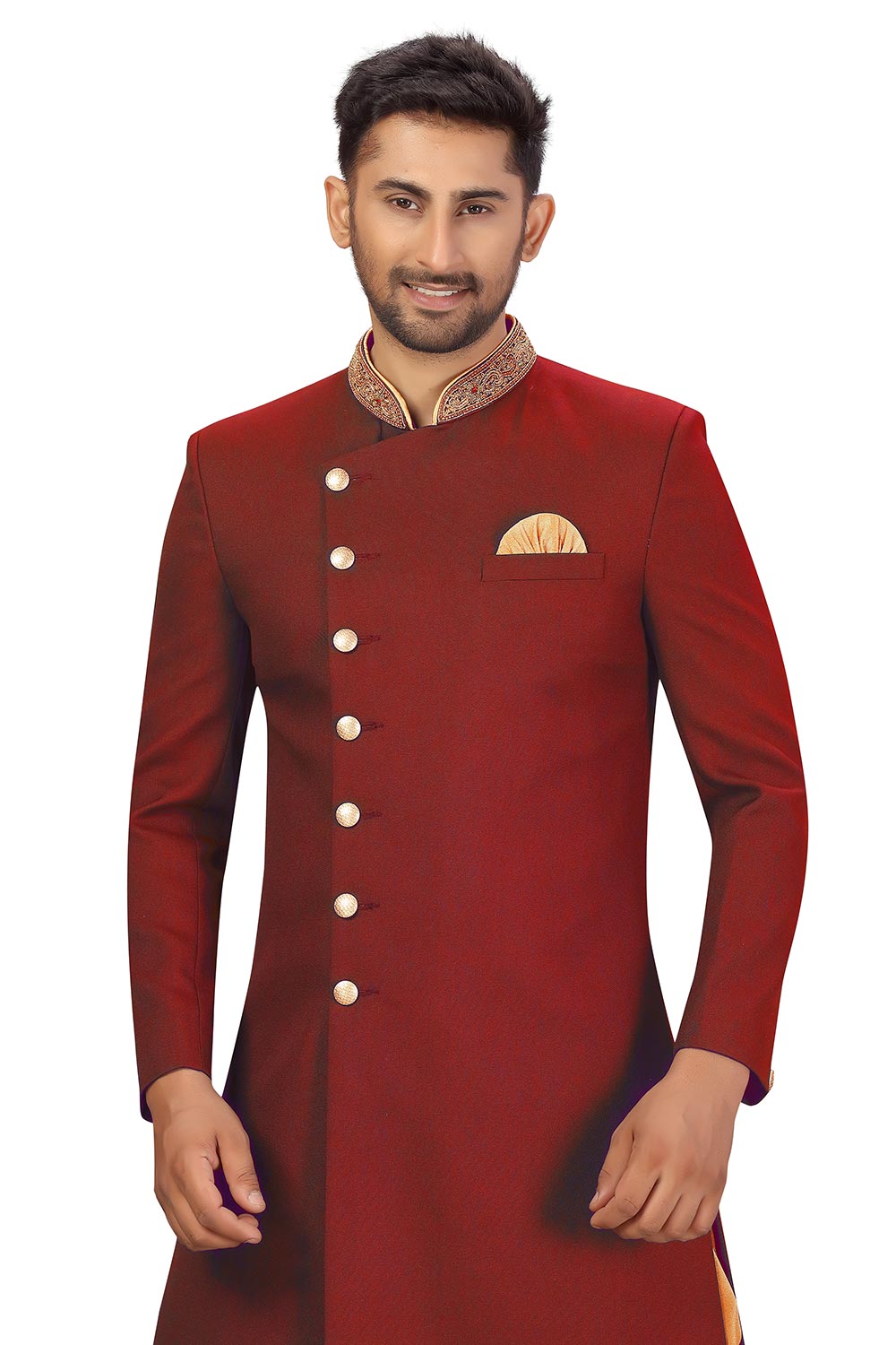 Buy Men's Art Silk  Solid Sherwani Set in Maroon Online - Front