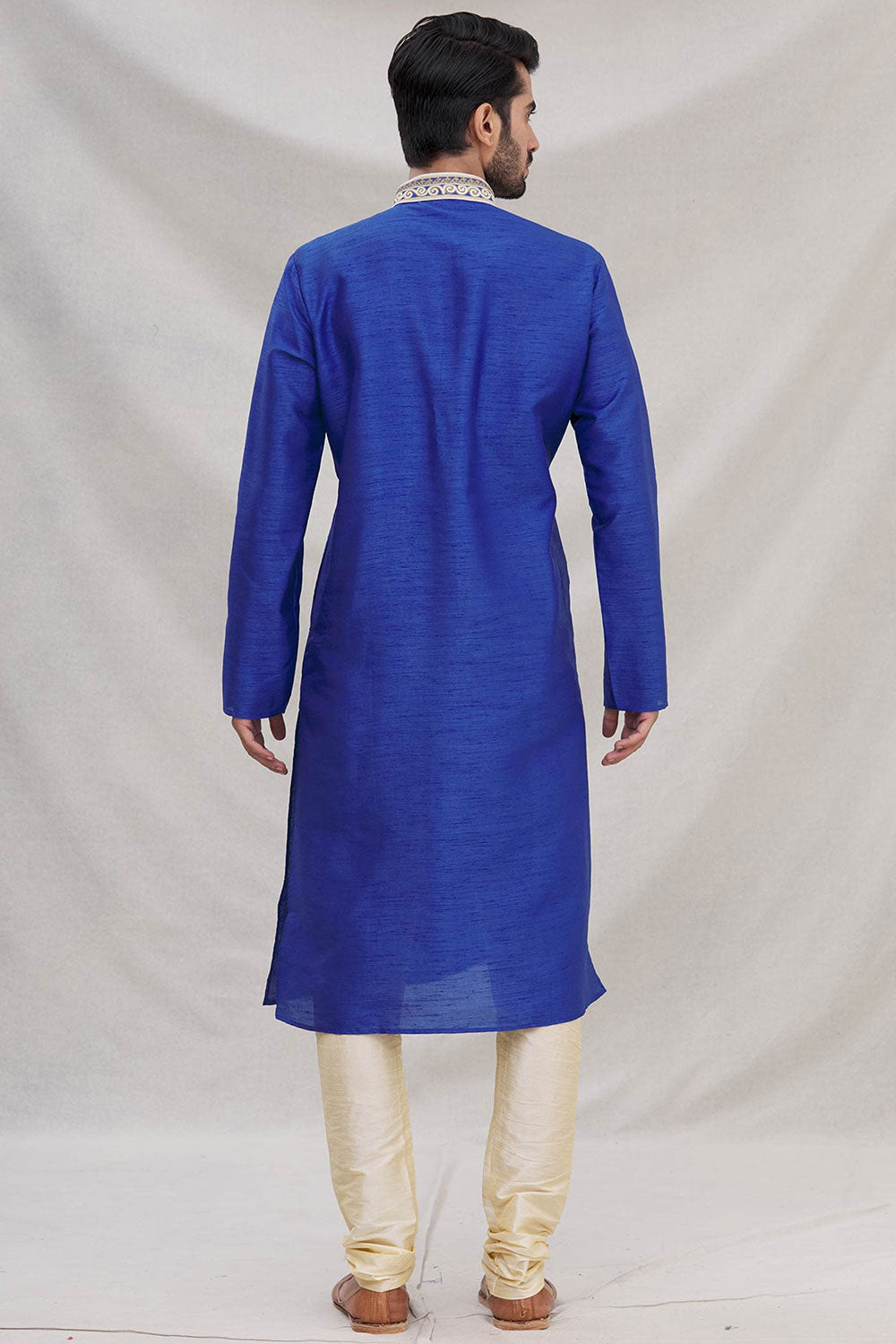 Buy Men's Art Dupion Silk Embroidered Kurta Set in Blue Online - Back