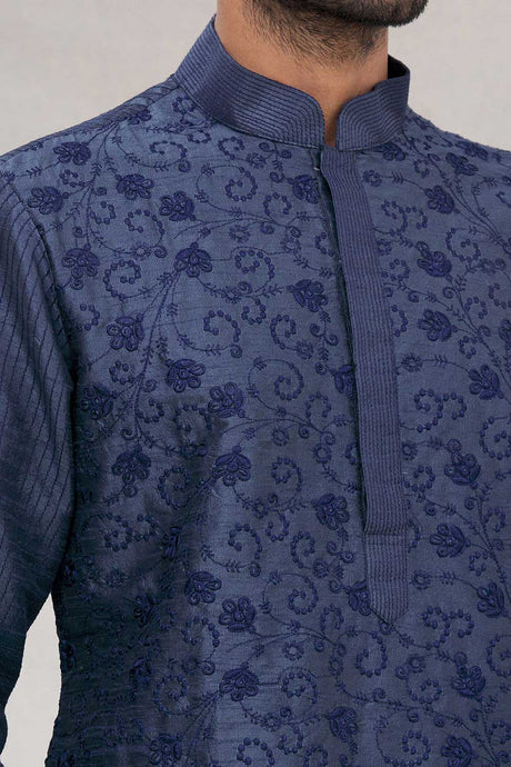Buy Men's Art Dupion Silk Embroidered Kurta Set in Navy Blue Online - Back