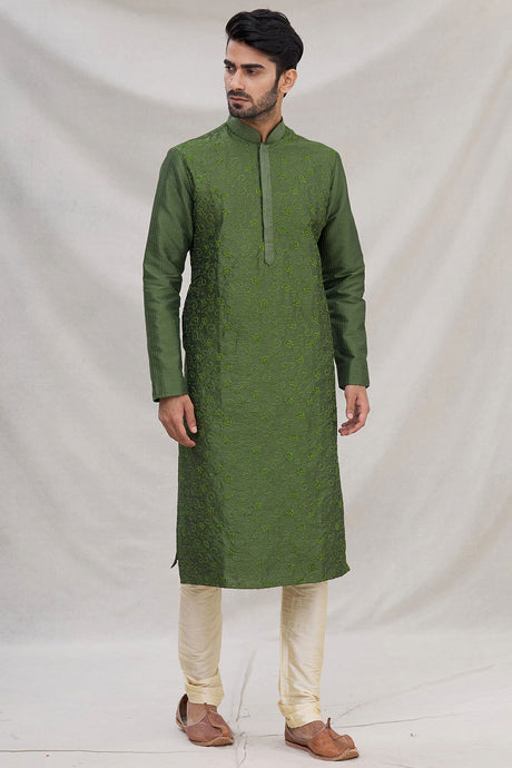 Buy Men's Art Dupion Silk Embroidered Kurta Set in Green Online