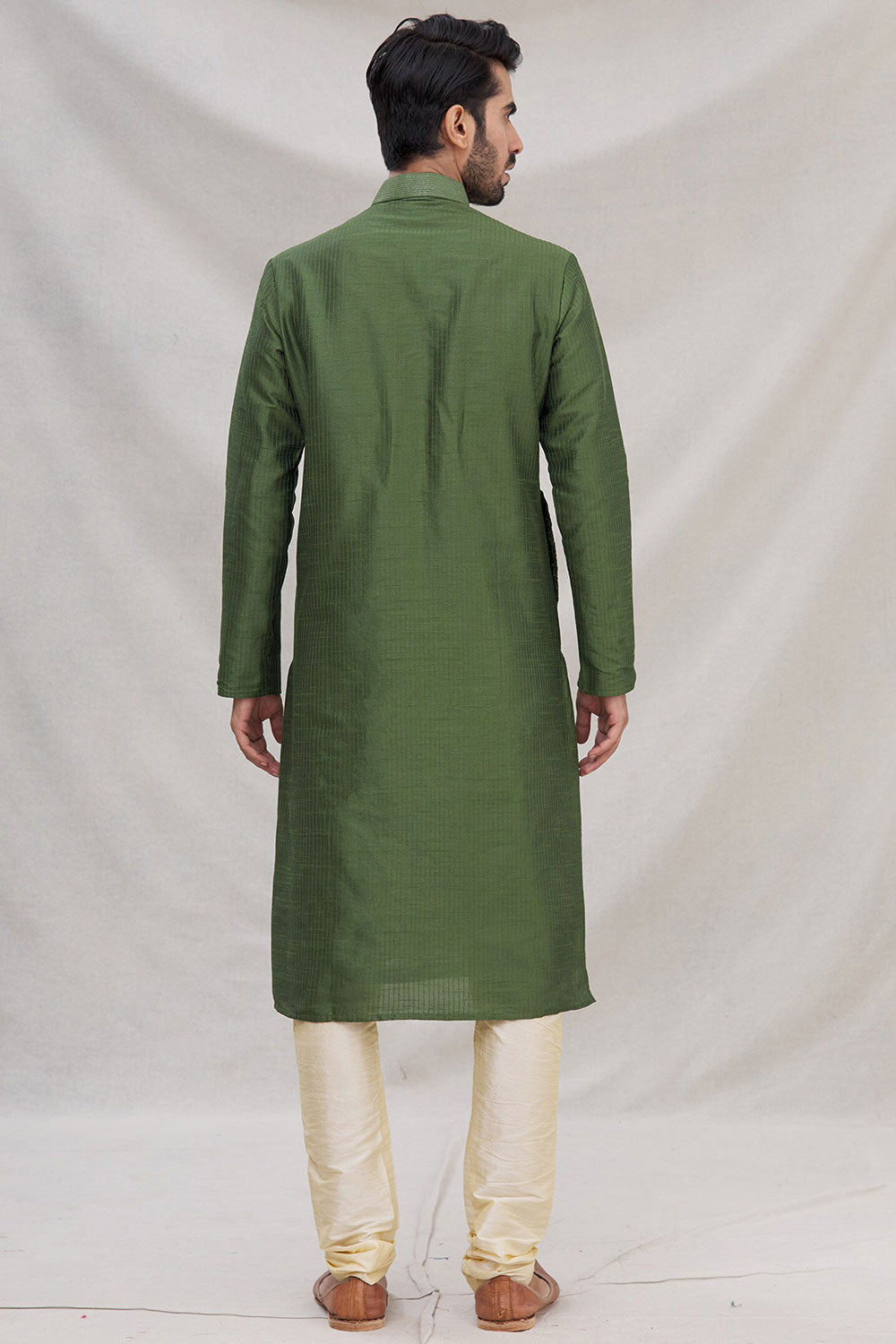 Buy Men's Art Dupion Silk Embroidered Kurta Set in Green Online - Back