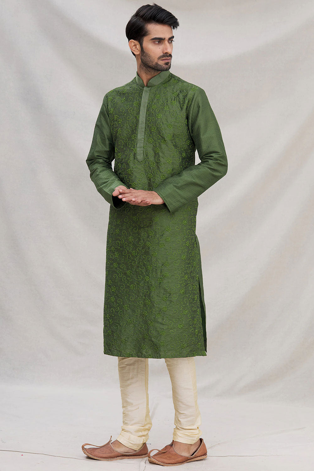 Buy Men's Art Dupion Silk Embroidered Kurta Set in Green Online - Side