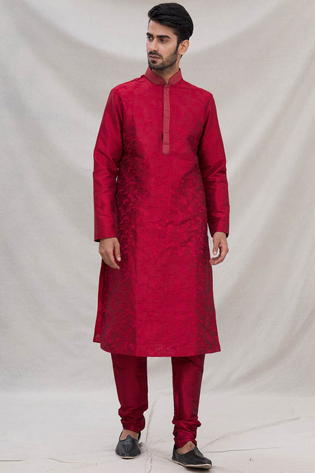 Buy Men's Art Dupion Silk Embroidered Kurta Set in Maroon Online