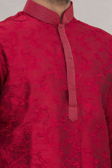 Buy Men's Art Dupion Silk Embroidered Kurta Set in Maroon Online - Back