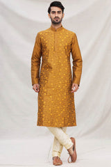 Buy Men's Art Dupion Silk Embroidered Kurta Set in Mustard Online