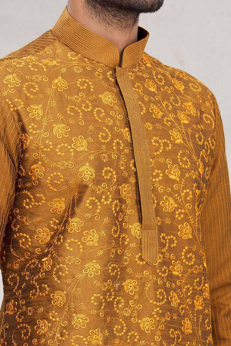 Buy Men's Art Dupion Silk Embroidered Kurta Set in Mustard Online - Back