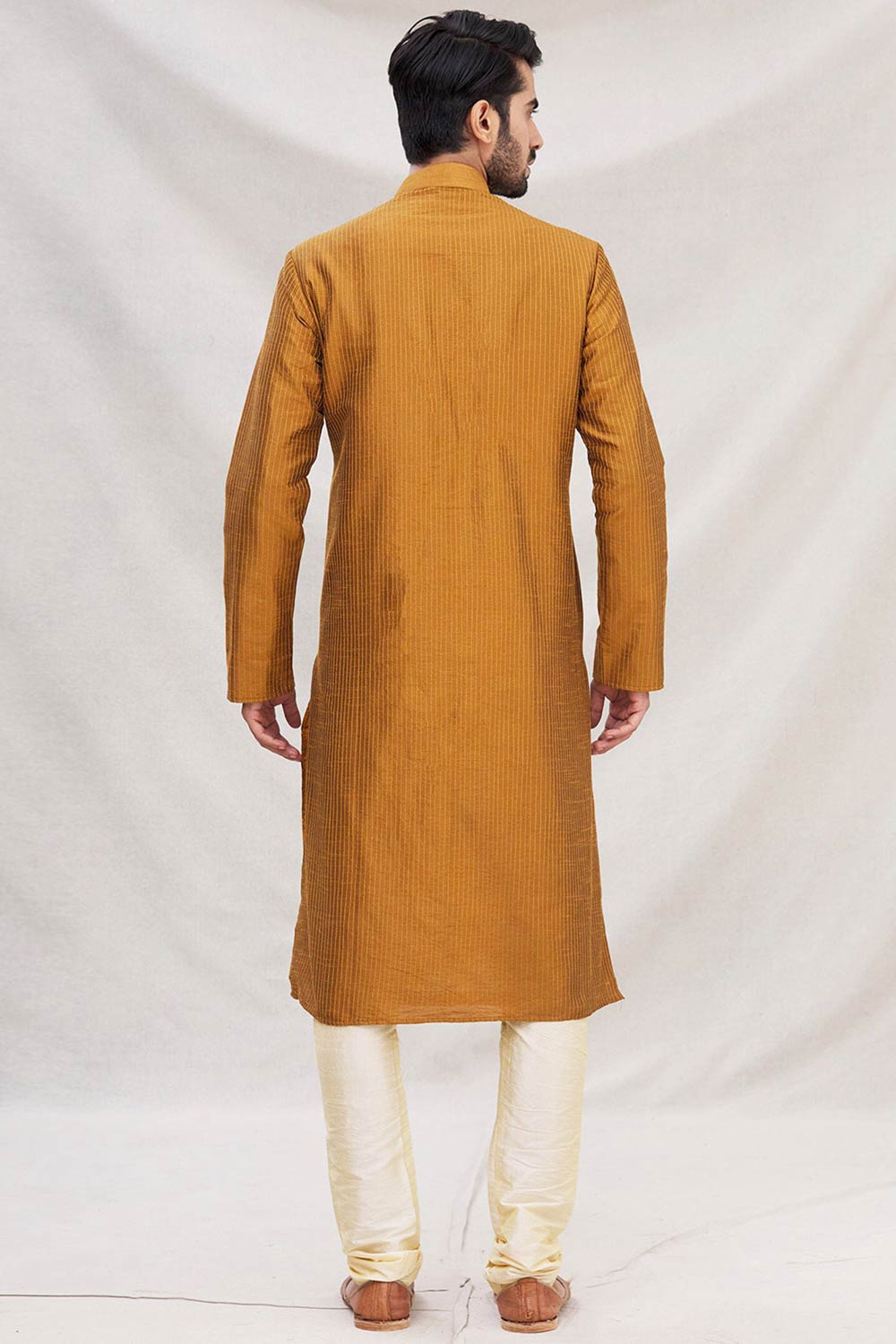 Buy Men's Art Dupion Silk Embroidered Kurta Set in Mustard Online - Front