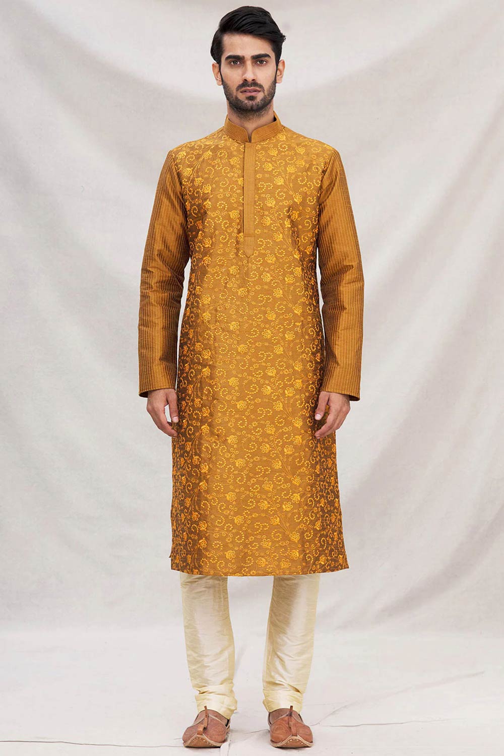 Buy Men's Art Dupion Silk Embroidered Kurta Set in Mustard Online - Side