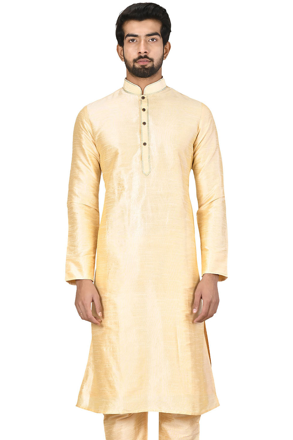 Buy Men's Art Dupion Silk Solid Kurta Set in Cream Online - Back