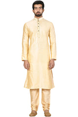 Buy Men's Art Dupion Silk Solid Kurta Set in Cream Online - Front