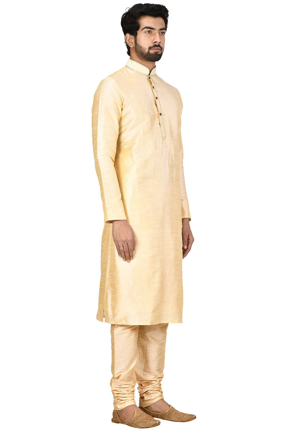 Buy Men's Art Dupion Silk Solid Kurta Set in Cream Online - Side