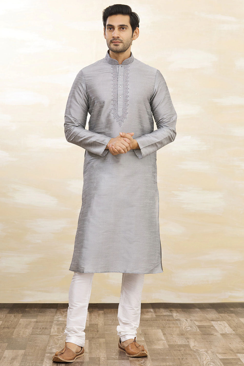 Buy Men's Art Dupion Silk Embroidered Kurta Set in Grey Online - Back